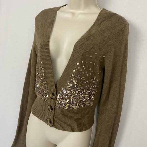 Vtg Y2K Hollister Cardigan Sweater Womens Large Brown Sequin Cropped Rabbit Hair - Picture 2 of 11